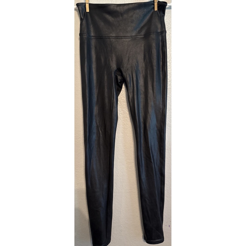 SPANX Medium Black Faux Leather Leggings High Rise Subtle Sheen